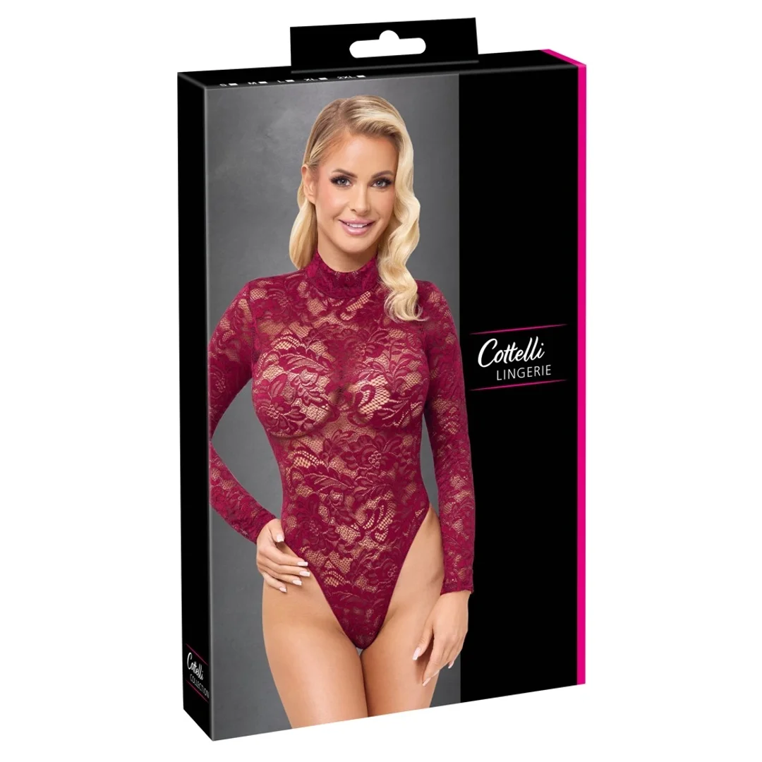 Cottelli Lingerie Body Koronkowe z Długim Rękawem Bordowe M