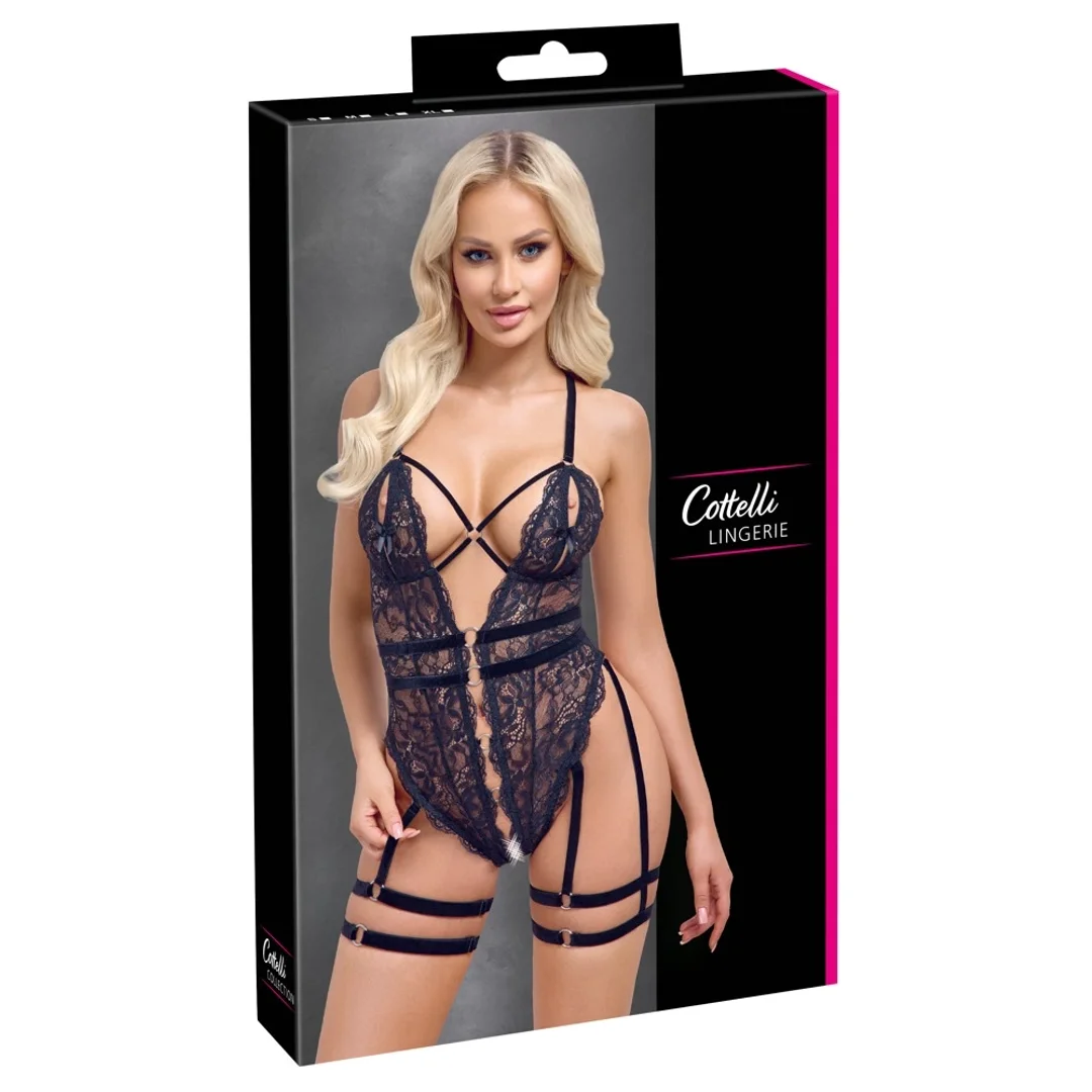 Cottelli Lingerie Body Koronkowe z Paskami do Pończoch Czarny S