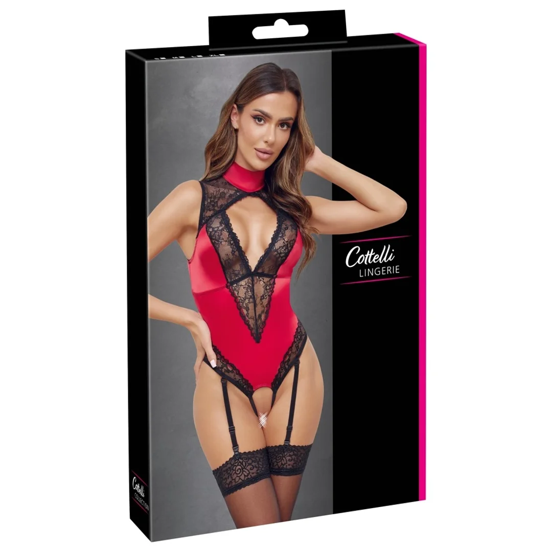 Cottelli Lingerie Body Satynowo-Koronkowe Czerwone S Regulowane