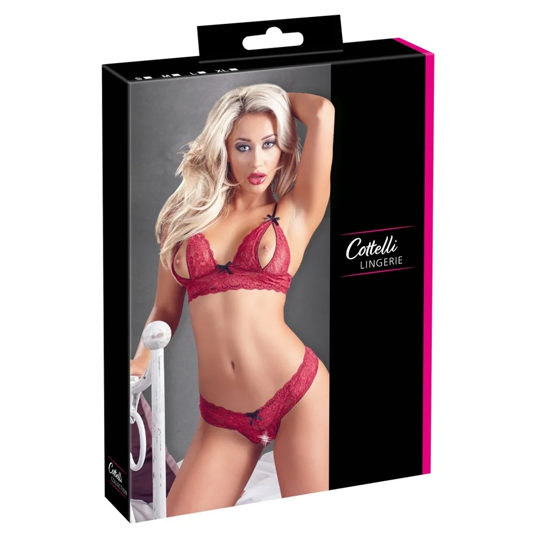 Cottelli Lingerie komplet koronkowy czerwony L, otwarty biustonosz i stringi