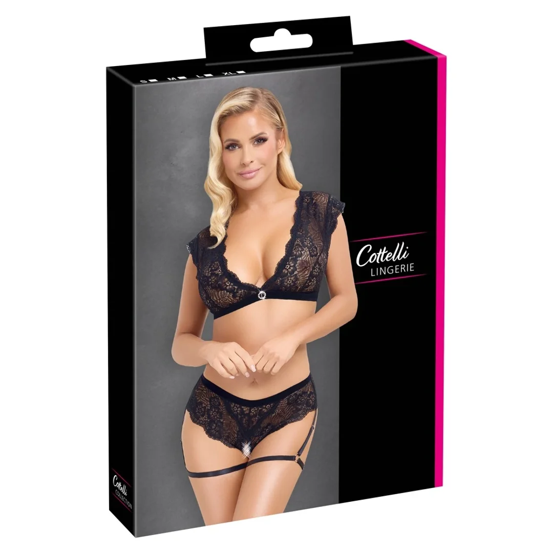 Cottelli Lingerie komplet koronkowy top i majtki otwarte czarne L