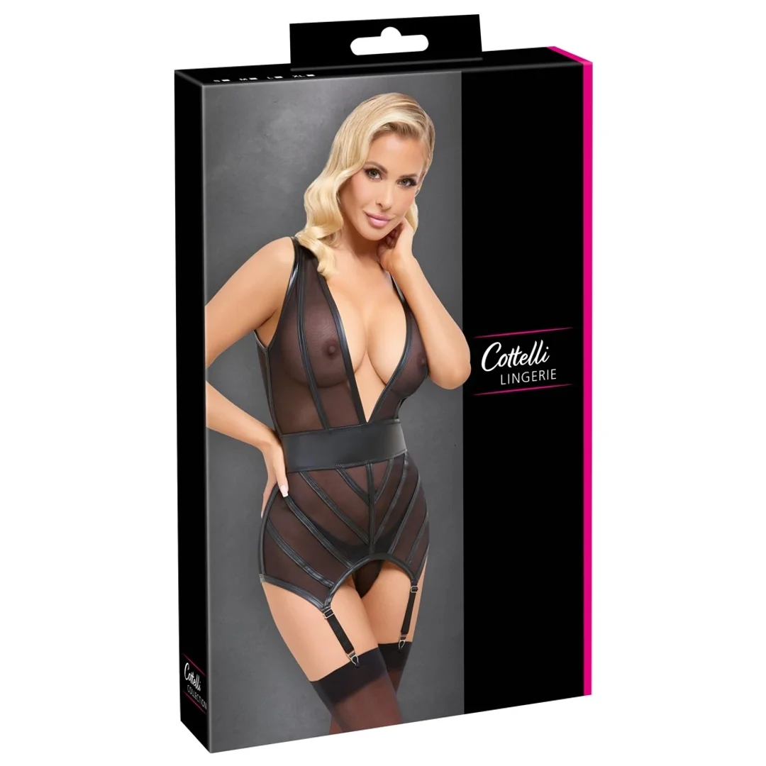Cottelli Lingerie Koszulka Czarna M z Regulowanymi Paskami do Pończoch