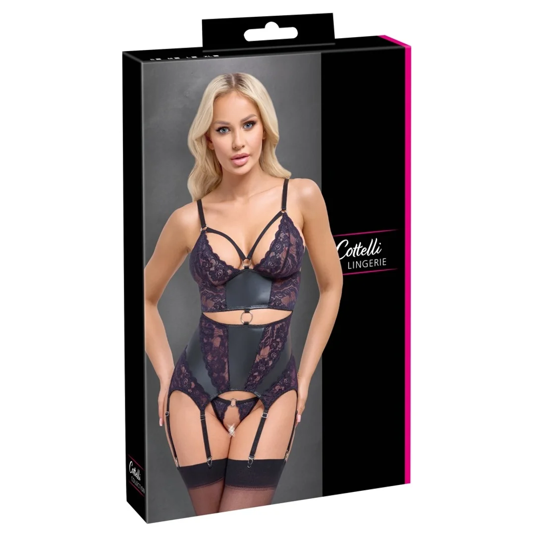 Cottelli Lingerie Top matowy z koronką i stringi bez krocza L czarny
