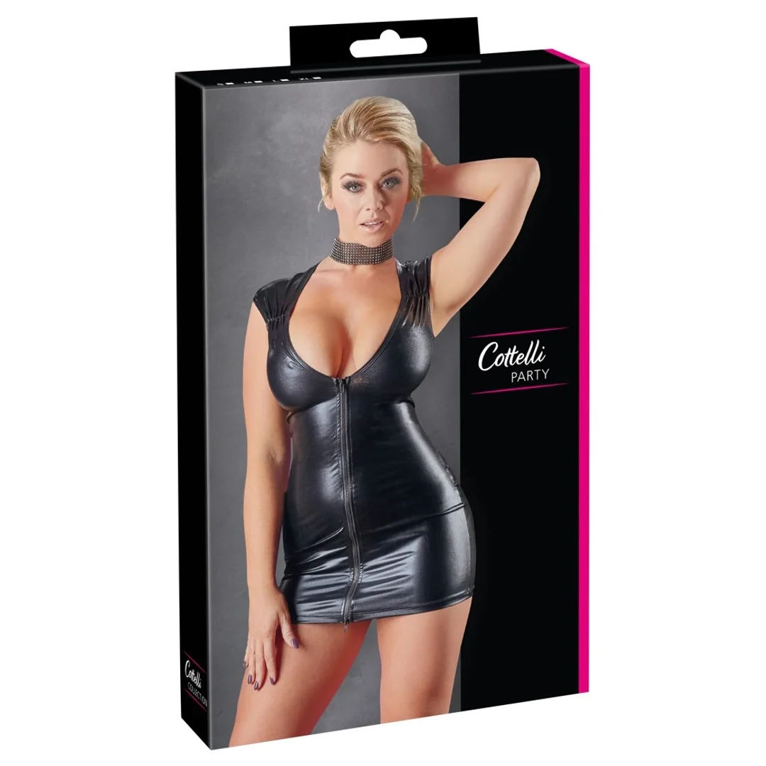 Cottelli PARTY Mini Sukienka Czarna L Wet Look, Głęboki Dekolt