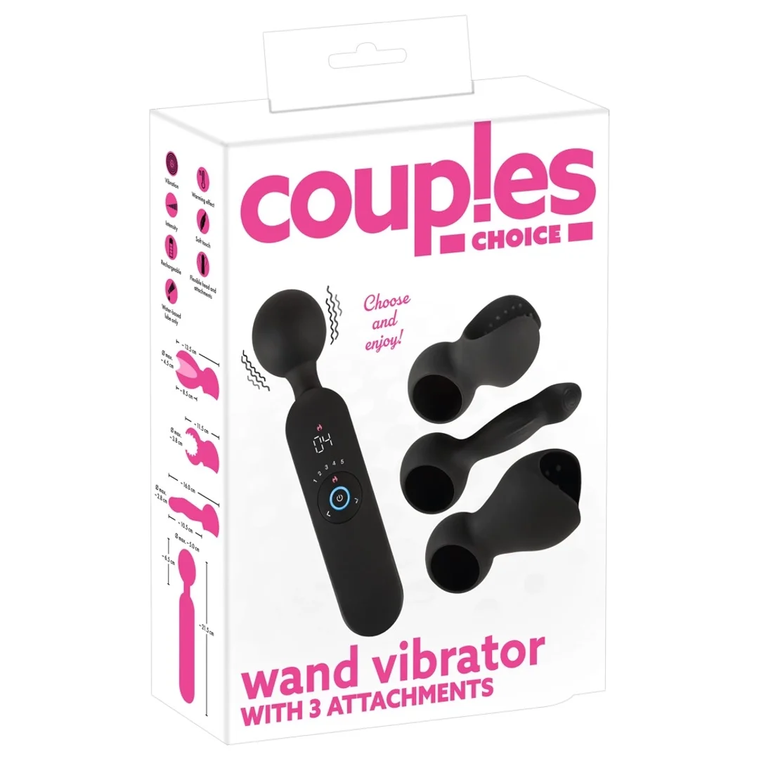 Couples Choice Masażer z 3 wymiennymi końcowkami czarny 21,5 cm