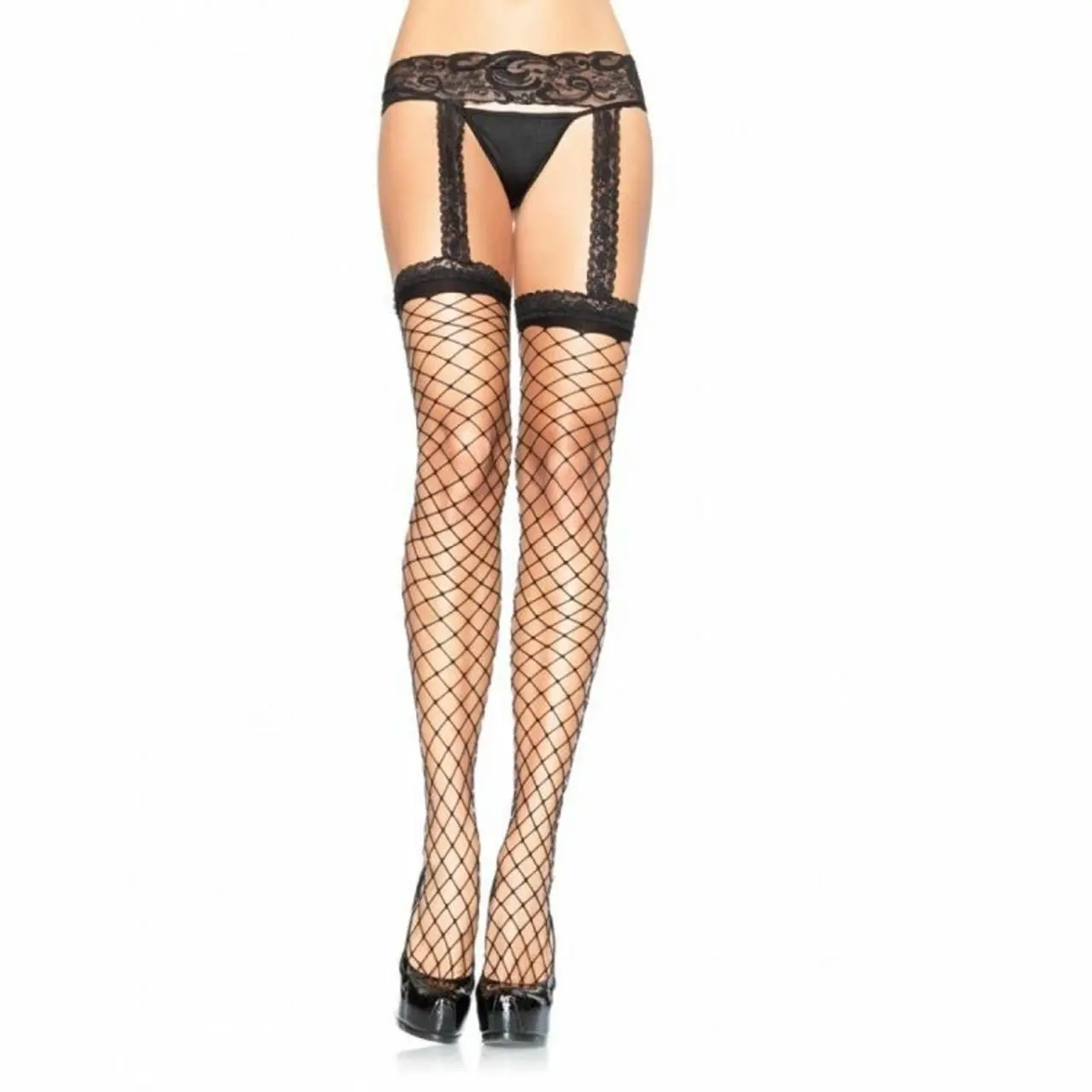Leg Avenue Pończochy Kabaretki z Czarną Koronkową Podwiązką One Size