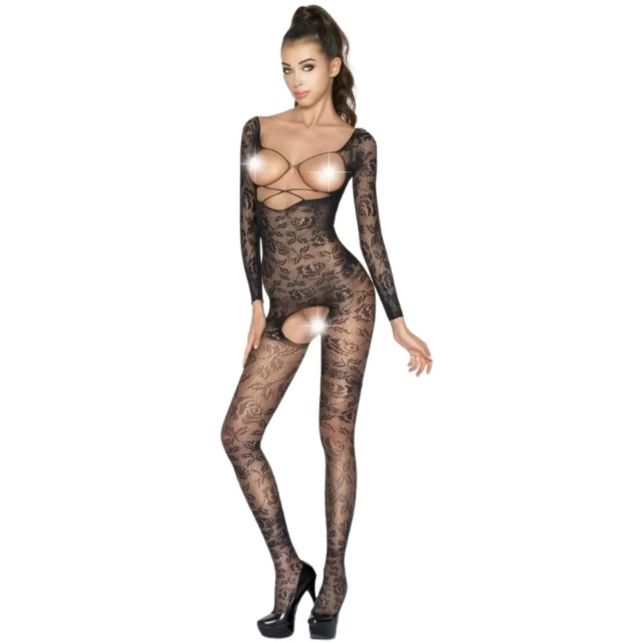 Passion BS031 Bodystocking czarny z ażurowym haftem One Size