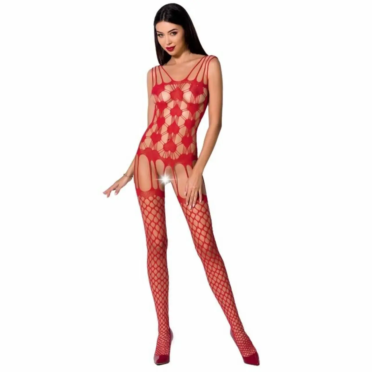 Passion BS067 Bodystocking czerwony z koronką, jeden rozmiar