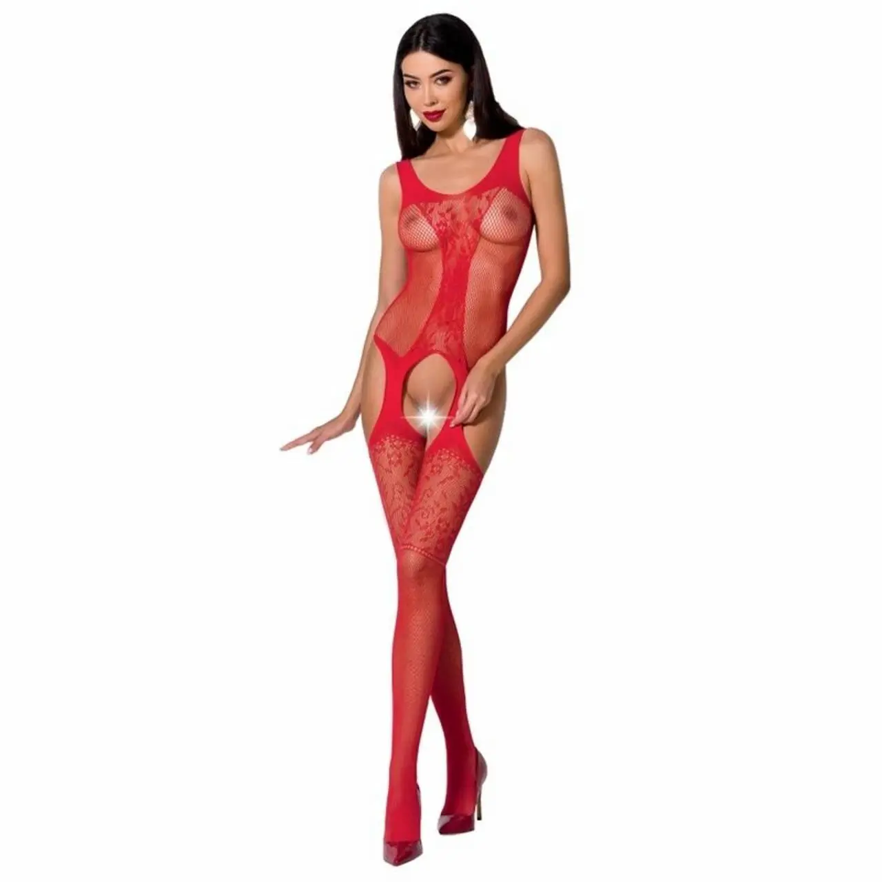 Passion BS072 bodystocking siateczkowy z koronką czerwony uniwersalny