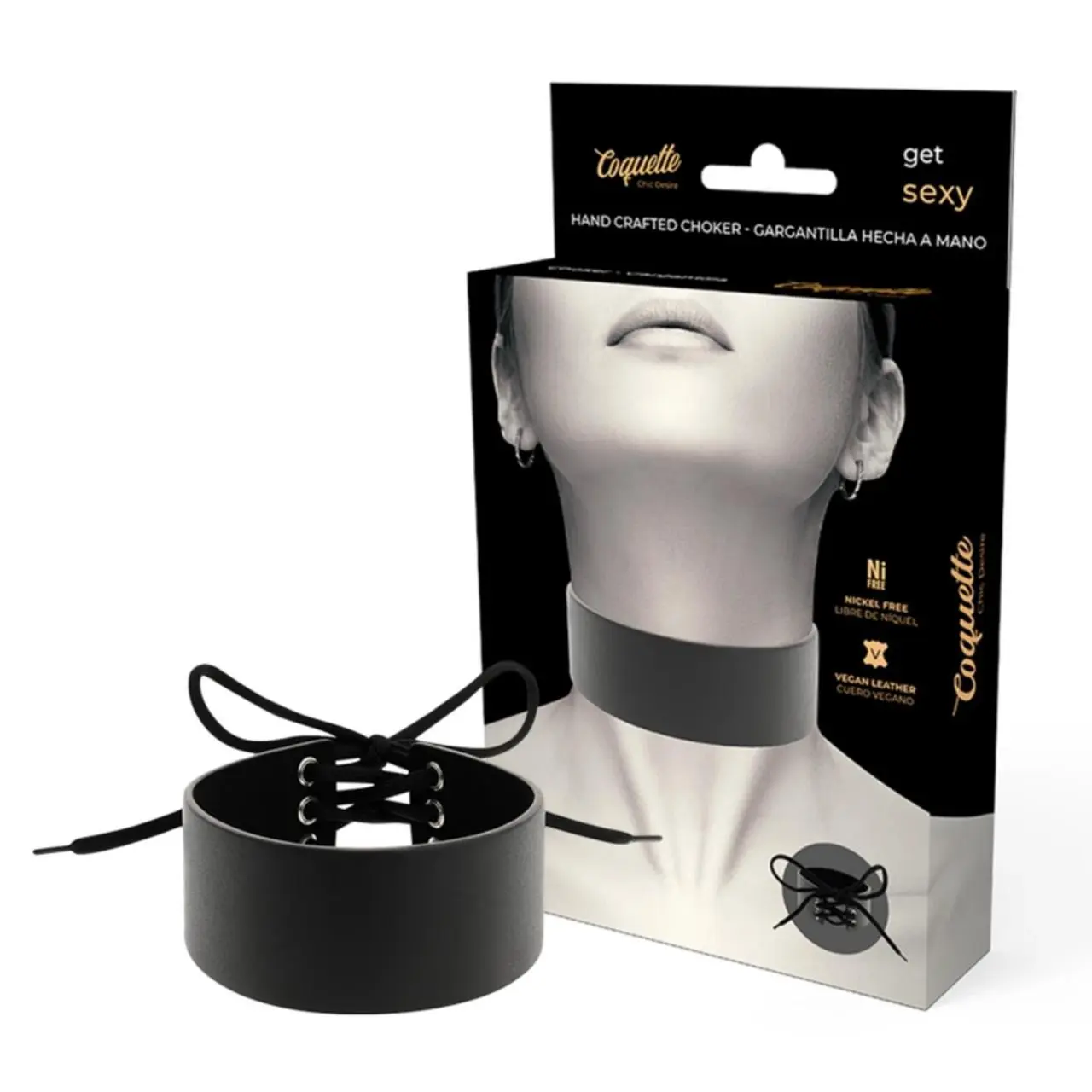 Coquette Chic Desire Choker z wegańskiej skory, regulowany, czarny