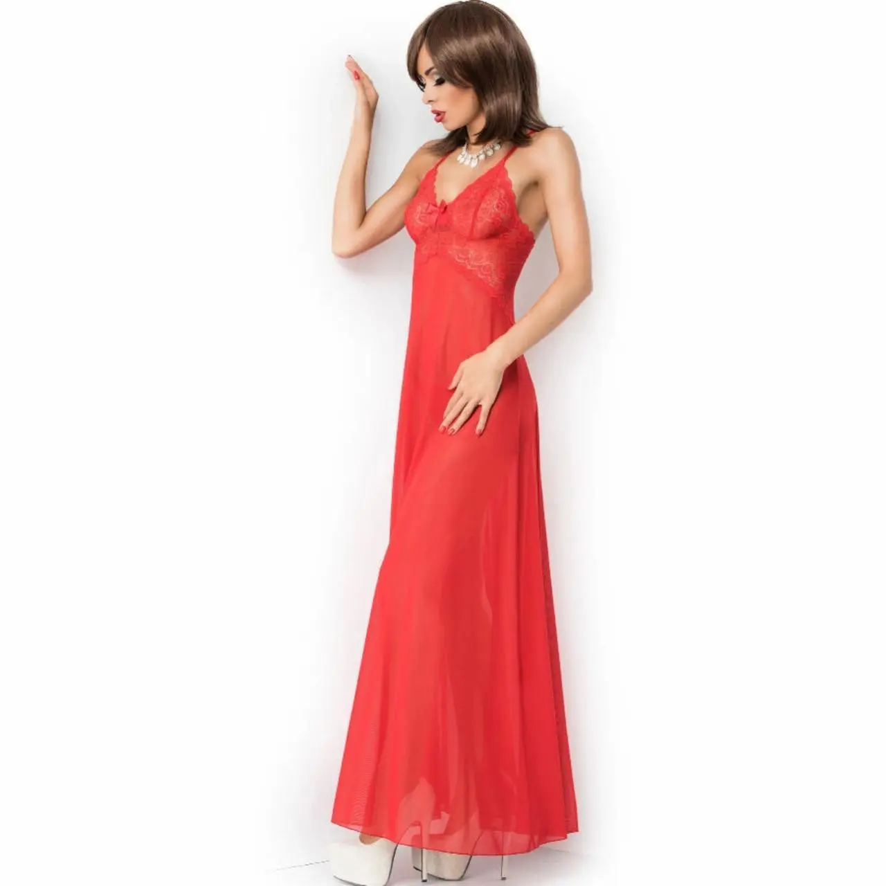 Chilirose CR 3883 długa czerwona koszulka nocna L/XL, koronkowe detale