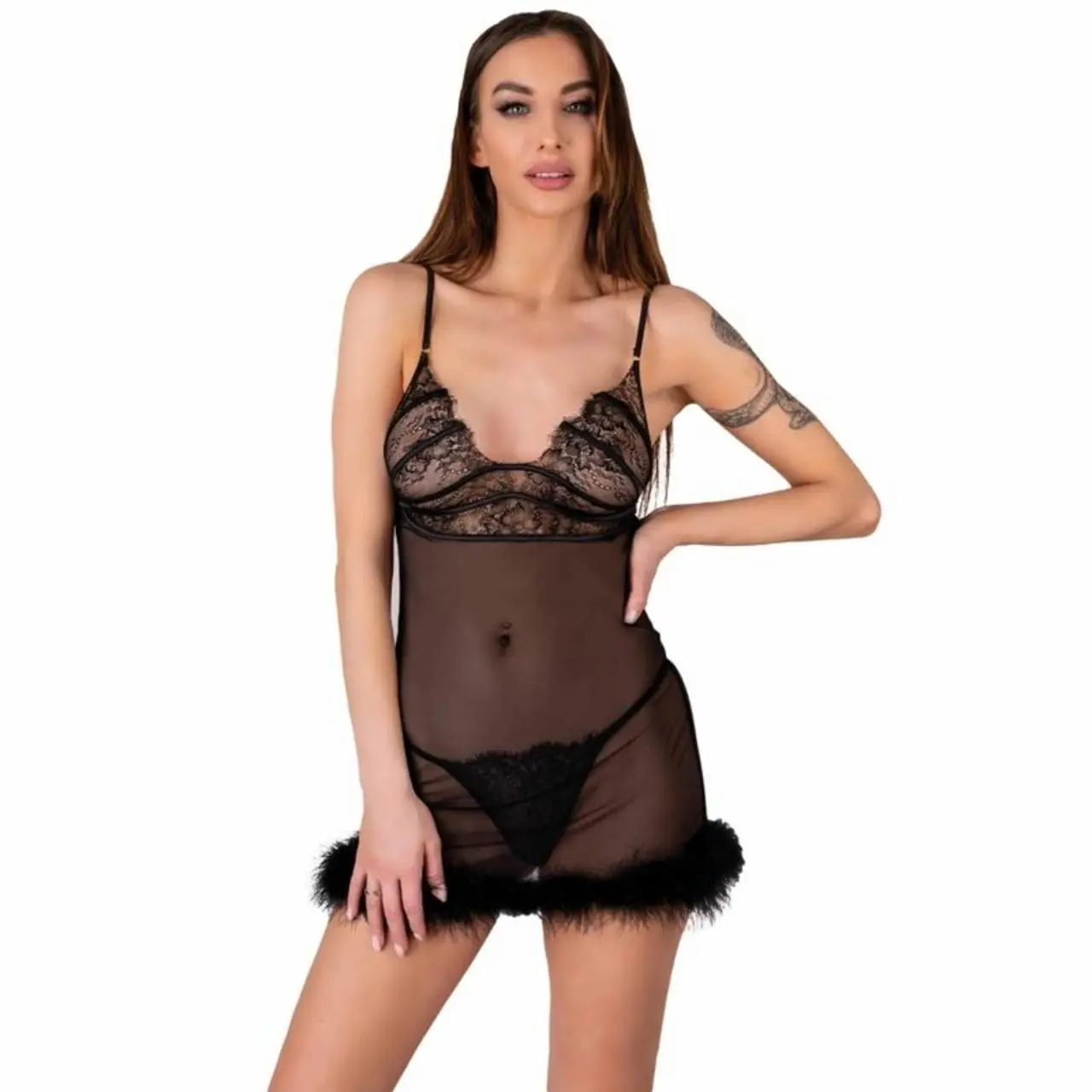 Livco Corsetti Zerunam - Czarny komplet babydoll z koronką i stringami