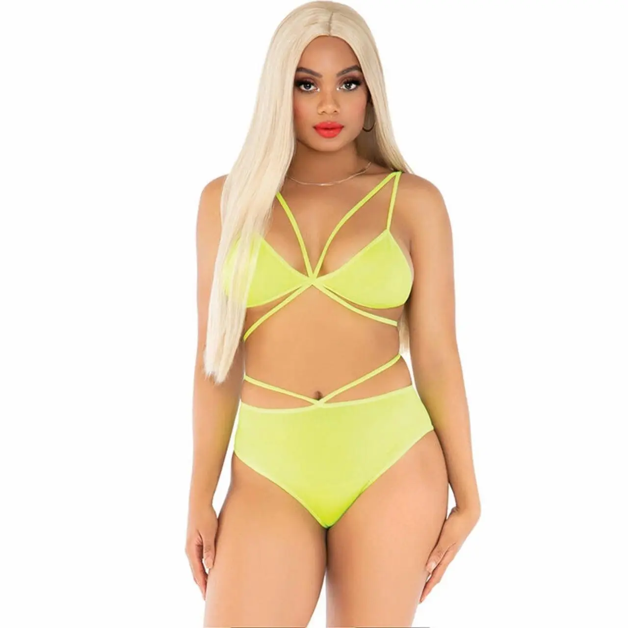 Leg Avenue komplet bielizny żołto-koralowy z ozdobnymi paskami One Size