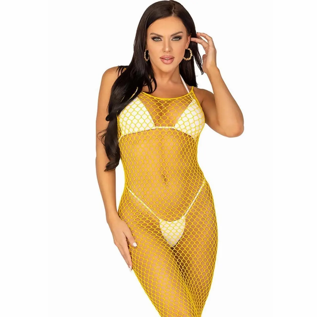 Leg Avenue Długa Sukienka Siateczkowa Żołta One Size Elegancka