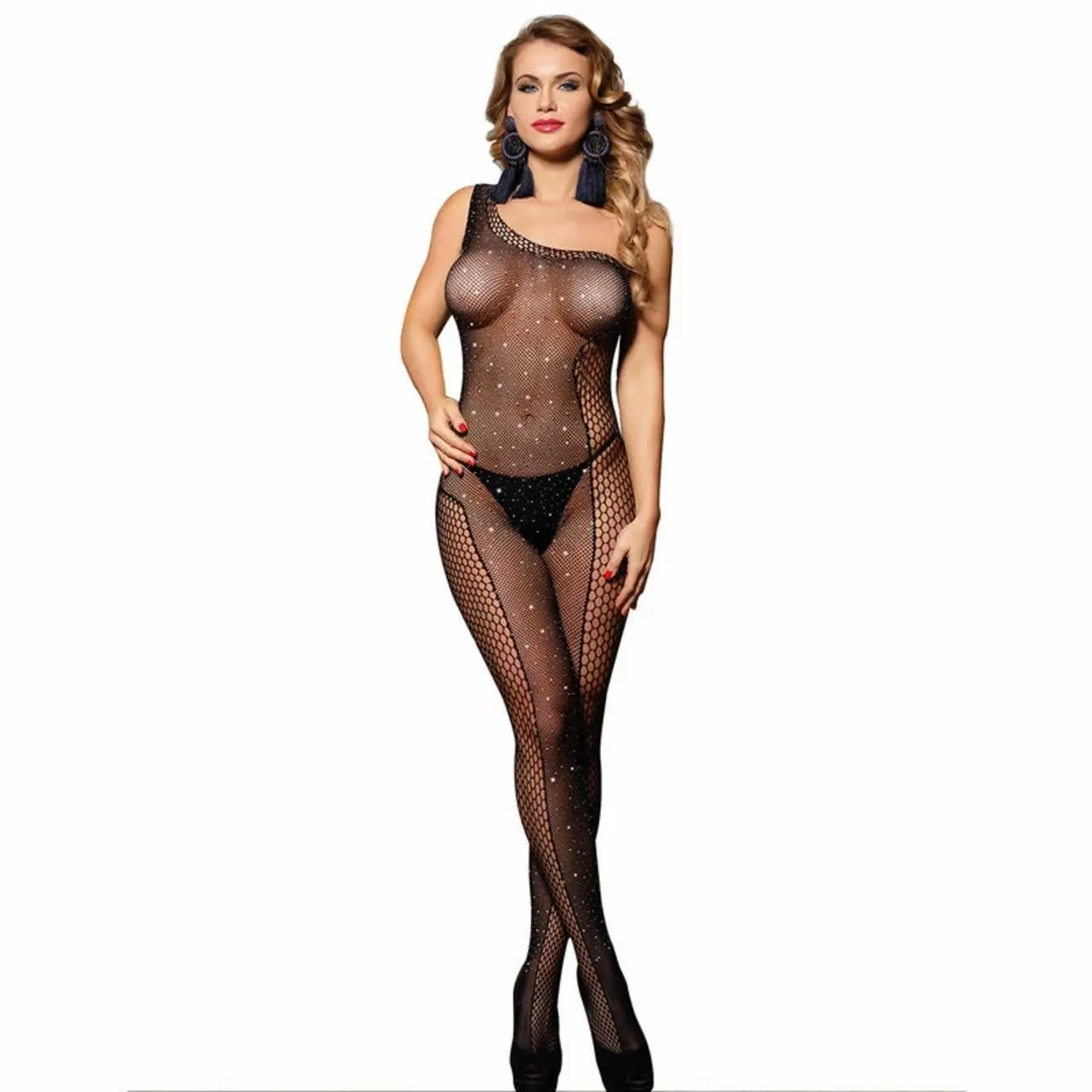 Subblime 952037 Bodystocking Czarny Diamenty Asymetryczny 1 Rozmiar
