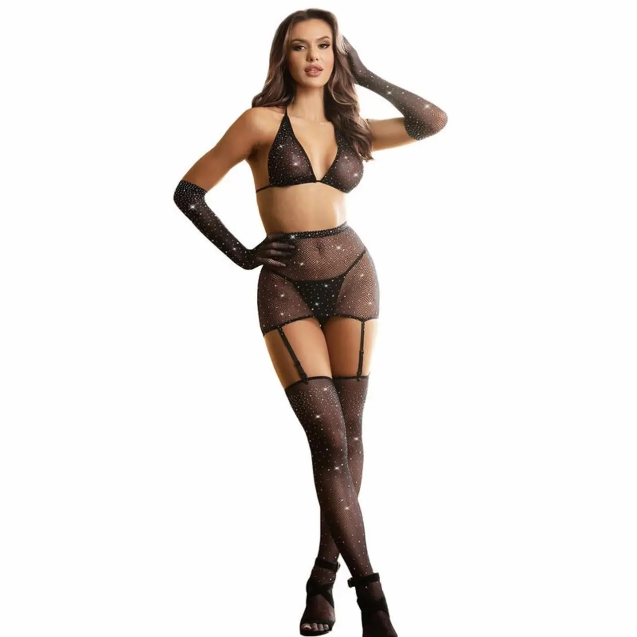 Subblime 952174 Bodystocking siateczkowy czarny z rękawiczkami, uniwersalny