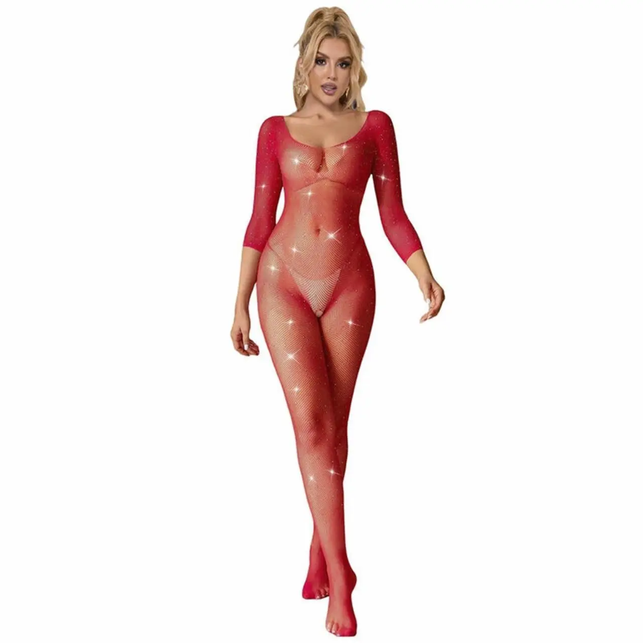 Subblime 952419 Bodystocking Siatka Diamenty Długi Rękaw Czerwony Uniwersalny