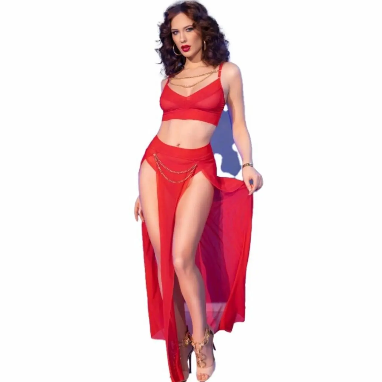 Chilirose CR 4850 czerwony komplet top i legginsy złote akcenty M