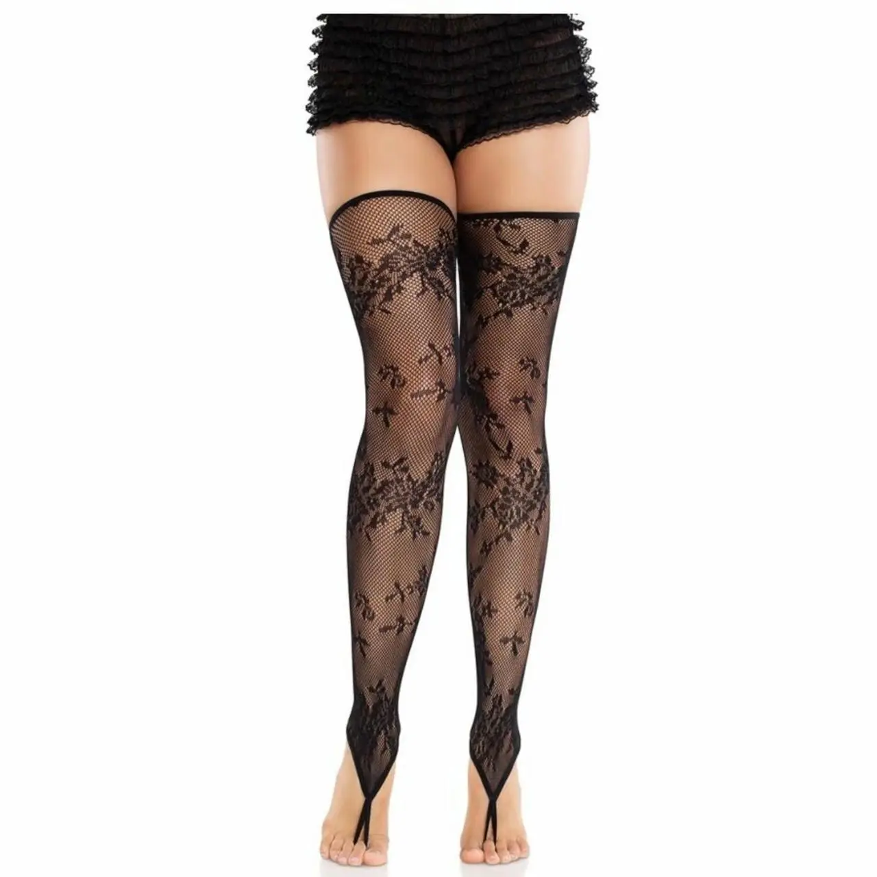 Leg Avenue Kwiatowe Koronkowe Pończochy Bez Stop Czarne 714718575025