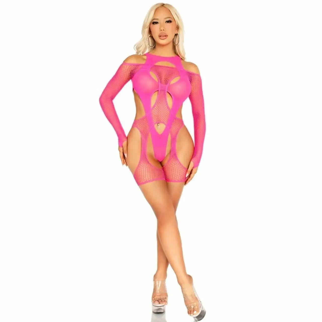 Leg Avenue Bodystocking siatka rybacka z paskami i uprzężą neonowy roż