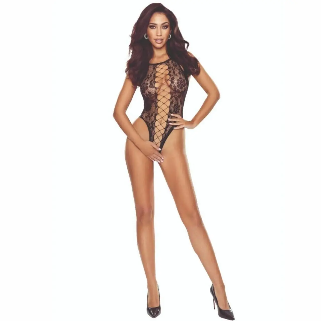 PASSION BS112 Czarny Koronkowy Bodystocking z otwartą strefą, rozmiar uniwersalny