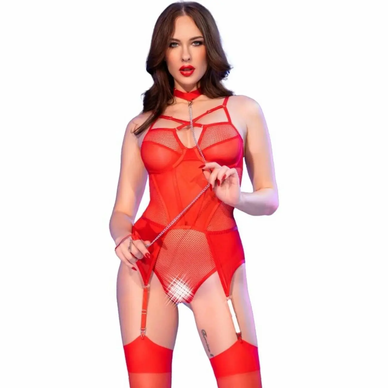 Chilirose CR 4879 Body damskie czerwone L z ozdobnym łańcuszkiem