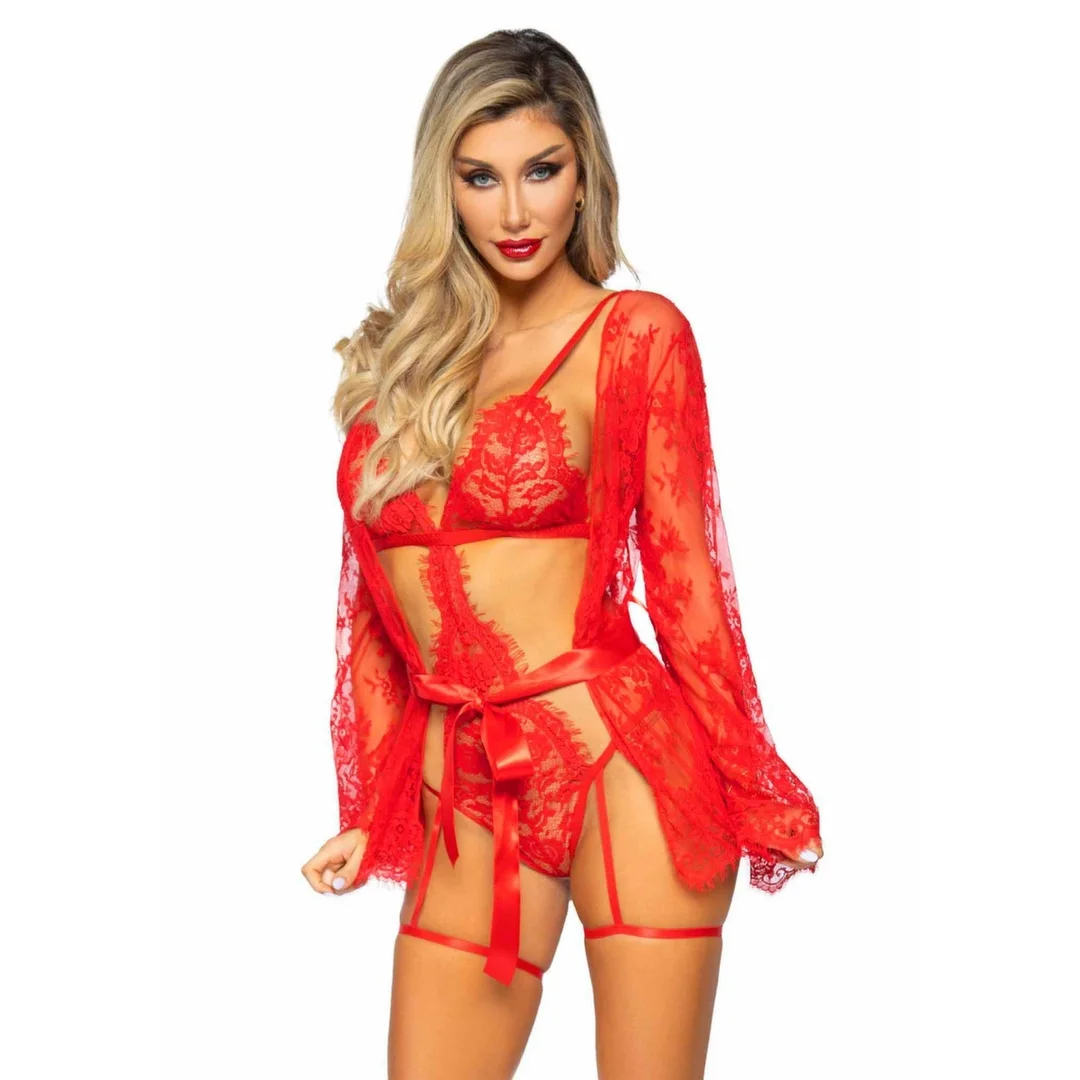 Dreamgirl Garter Teddy z koronką, stringami i szlafrokiem czarny M/L