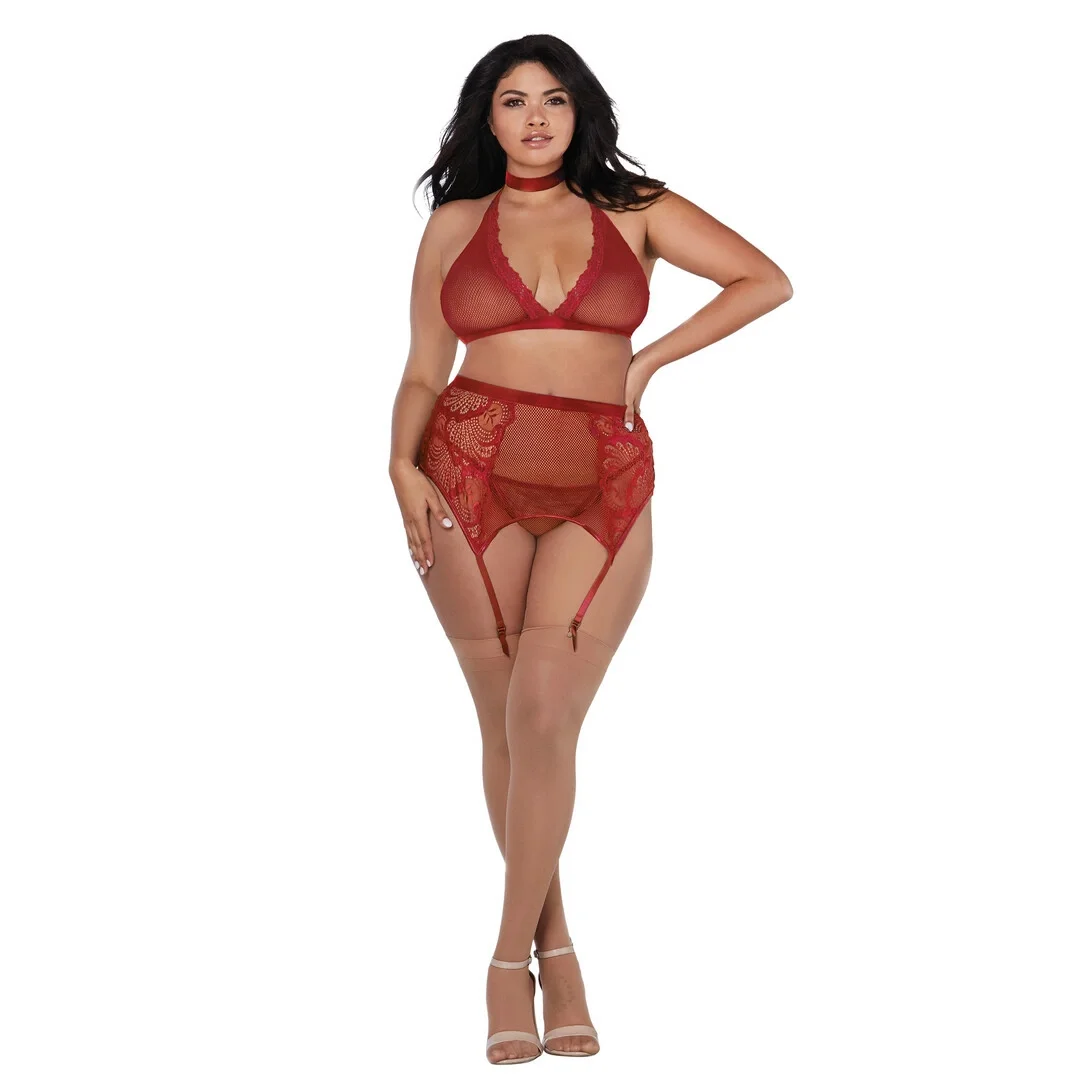 Dreamgirl Zestaw 4-częściowy Plus Size siateczka koronka aksamit