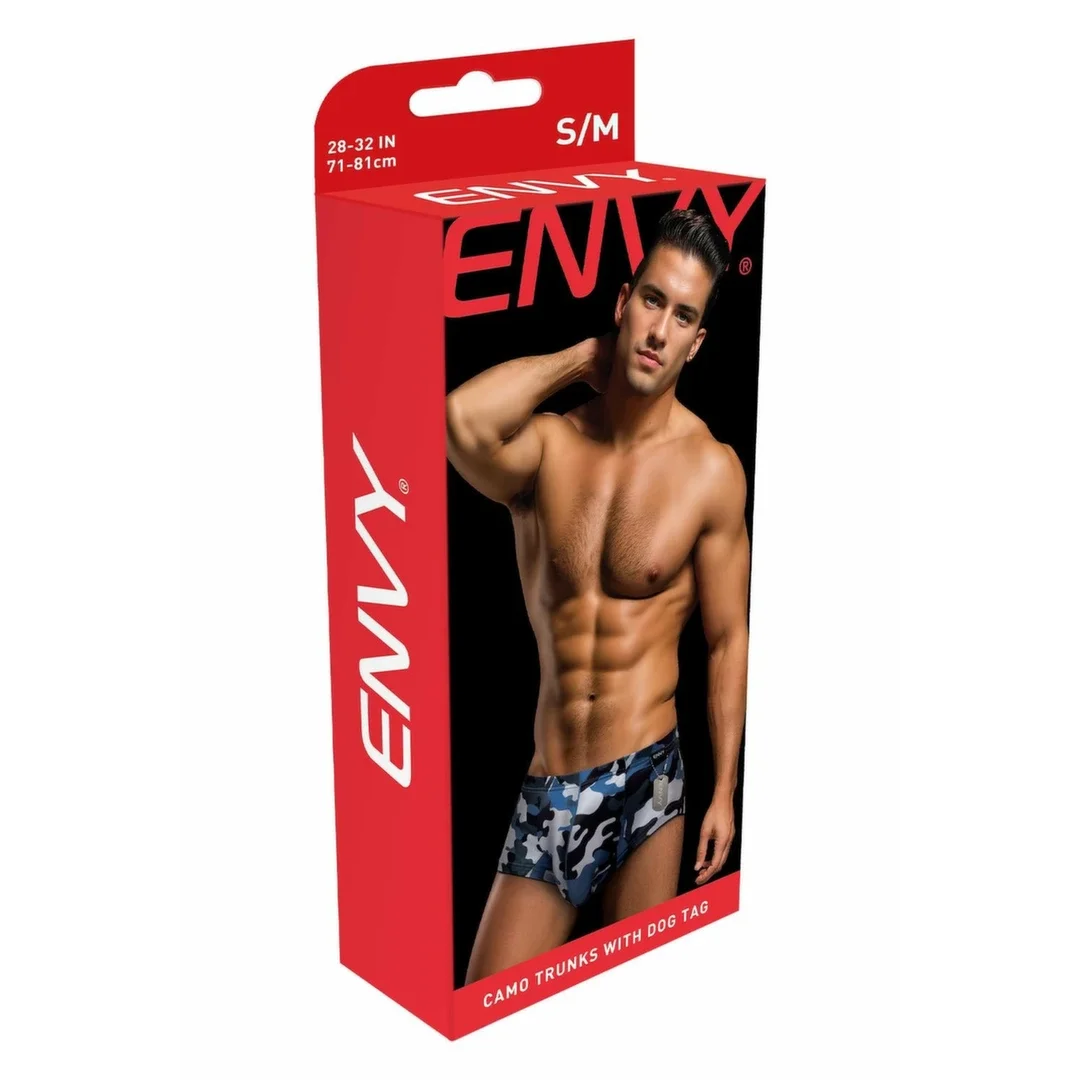 ENVY Camo Trunks Navy S/M - Bokserki męskie z dog tagiem, kamuflaż