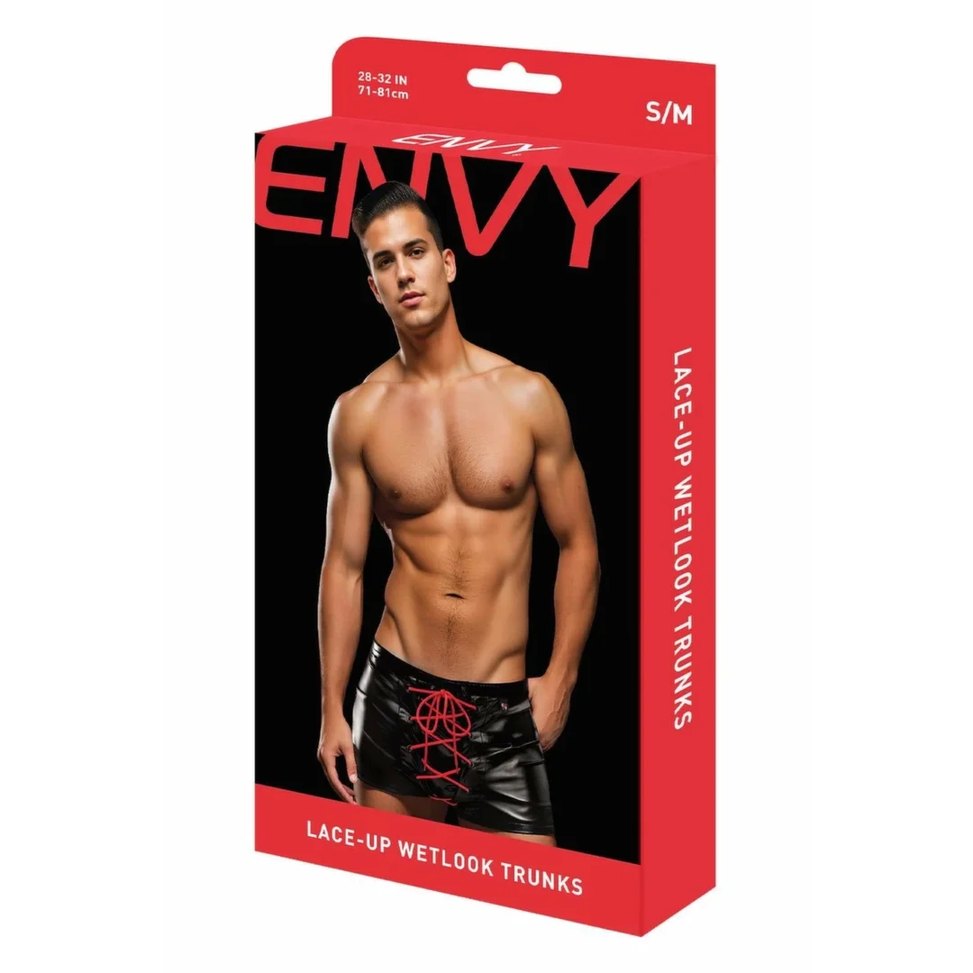 ENVY Lace-Up Wetlook Trunks Black Red S/M - szorty z wiązaniem