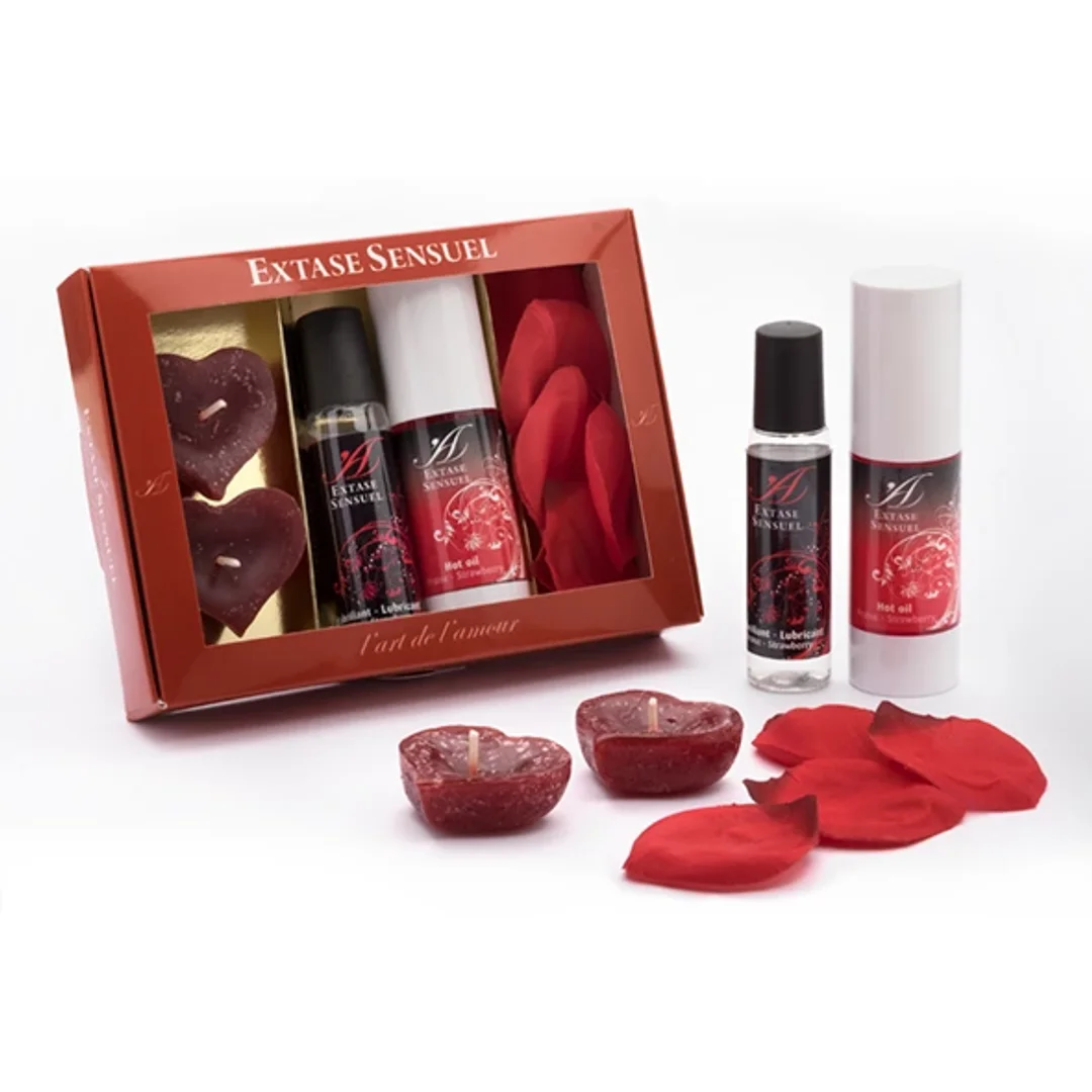 Extase Sensuel Coffret Tentation Rouge - Zestaw z olejkiem, lubrykantem i płatkami roż