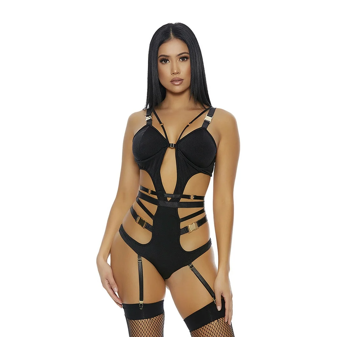 Forplay Body We Click XL czarny z ozdobnymi złotymi klamrami