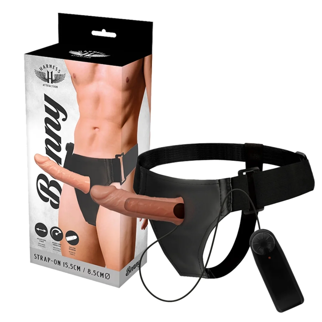 Harness Attraction Benny Hollow System z Wibratorem 15 cm beżowy