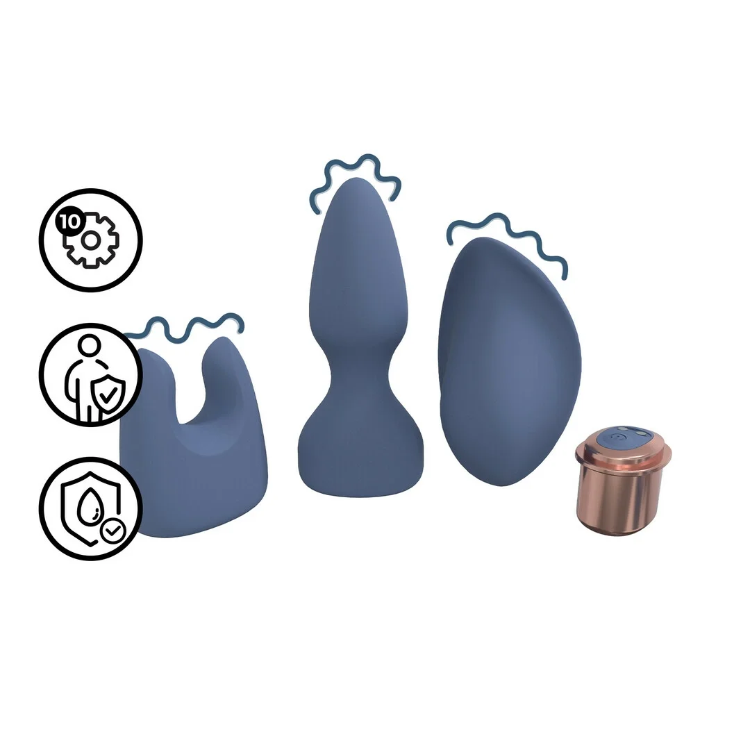Interchangeable Vibrator Kit Blue/Grey - Zestaw z wymiennymi końcowkami, silikon