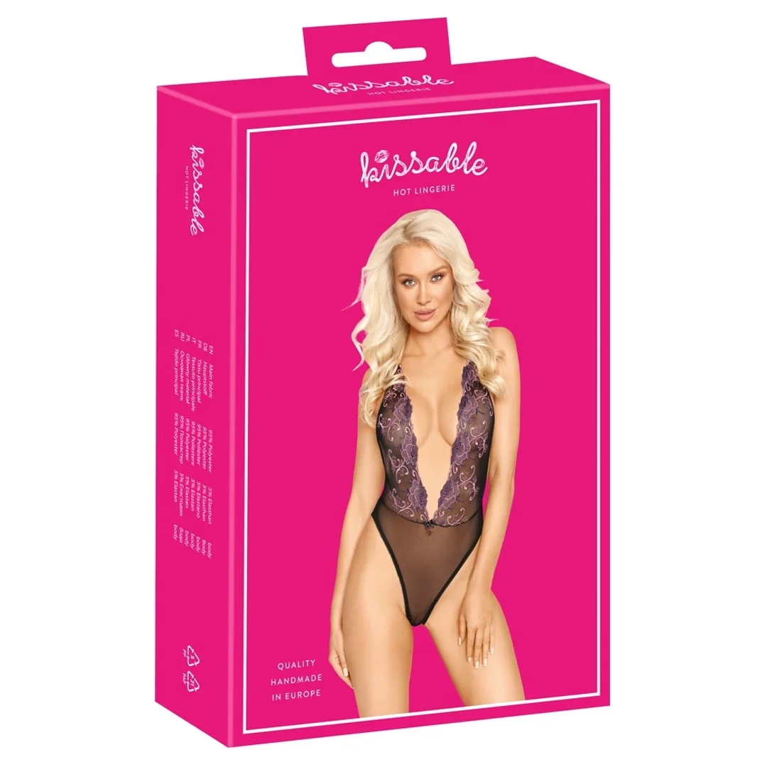 Kissable Body L/XL Czarny Fioletowy Kwiatowy Haft Regulowane Ramiączka