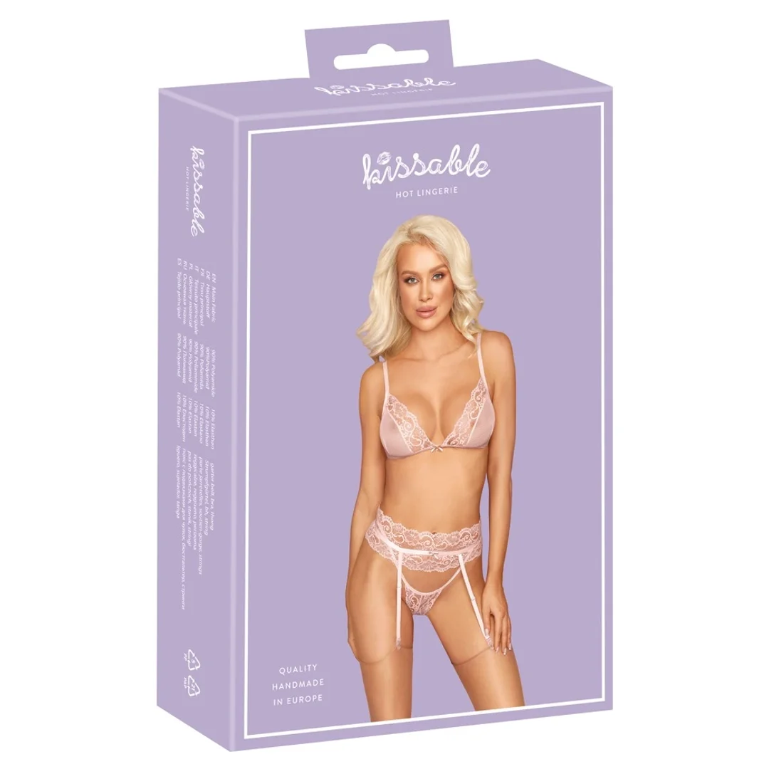 Kissable komplet z biustonoszem, pasem do pończoch i stringami L/XL rożowy