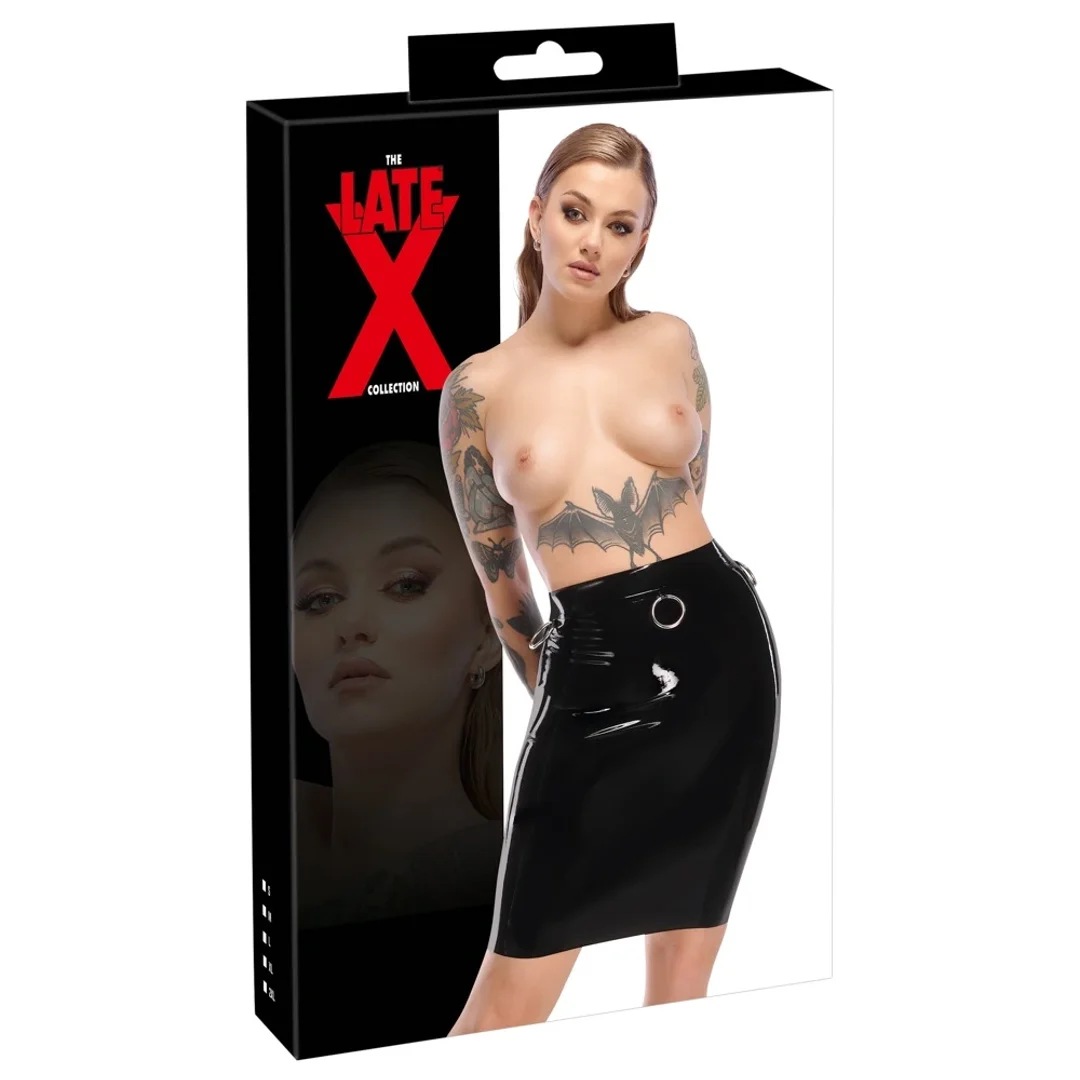 LateX Spodnica Lateksowa Czarna Do Kolan z Metalowymi Pierścieniami S