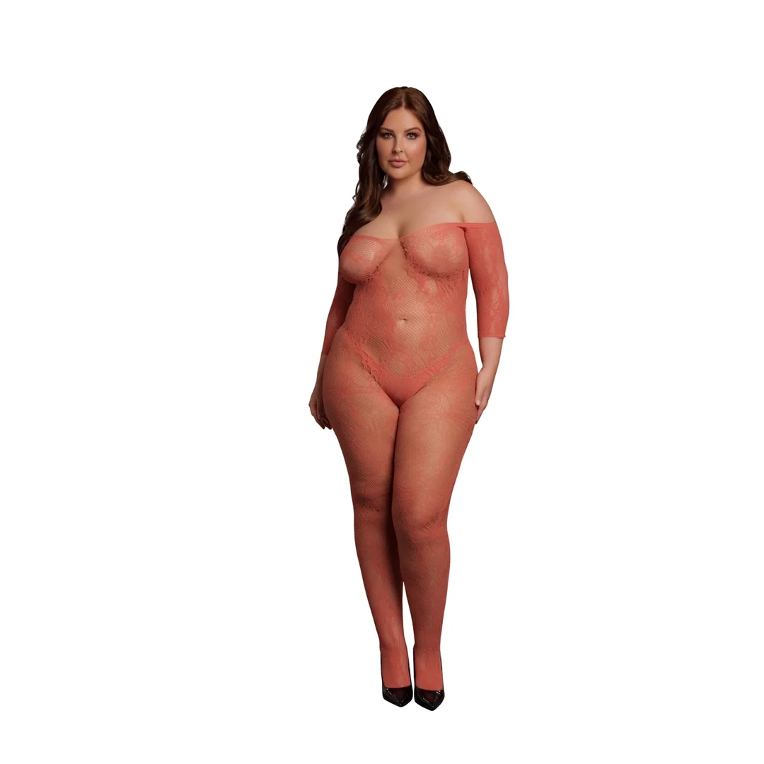 Le Desir Bodystocking Queen Size długi rękaw koronkowy XL-4XL czarny