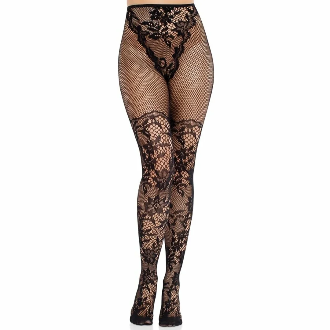 Leg Avenue Dahlia pończochy koronkowe z siateczkowym wzorem czarne