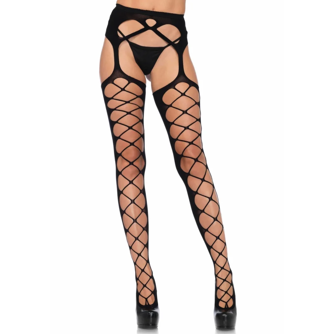 Leg Avenue Diamond Net Opaque Stockings z Pasem do Pończoch czarne