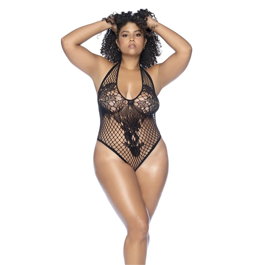 Leg Avenue Floral Fishnet Body Queen Size czarny z wiązaniem z tyłu