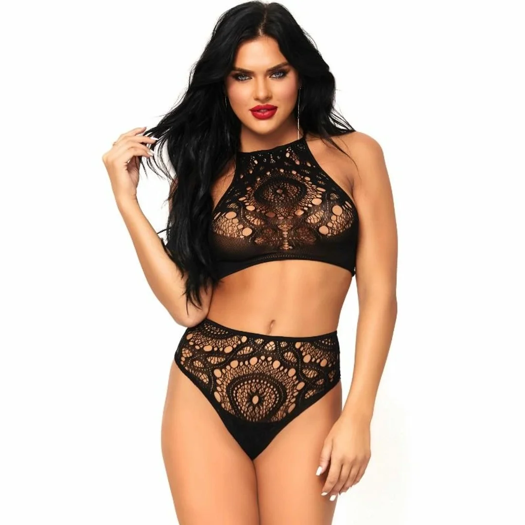Leg Avenue komplet koronkowy top i majtki M/L czarny dwuczęściowy