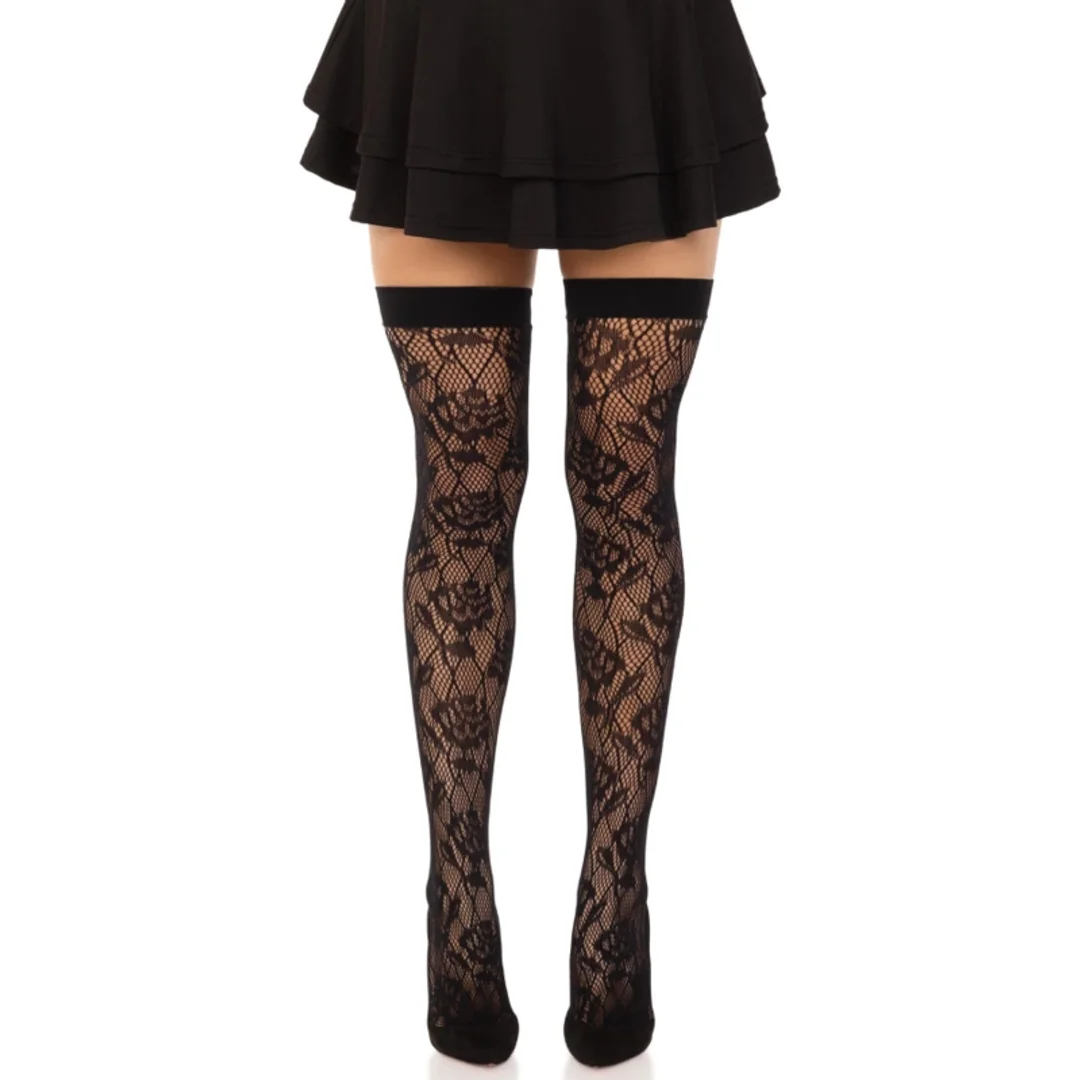 Leg Avenue Pończochy Kabaretki Czarne z Motywem Dzikiej Roży One Size