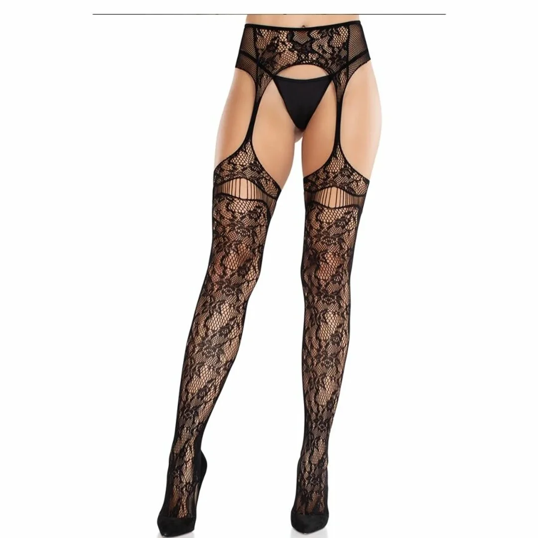 Leg Avenue Pończochy Koronkowe z Pasem Czarny Model 714718574981