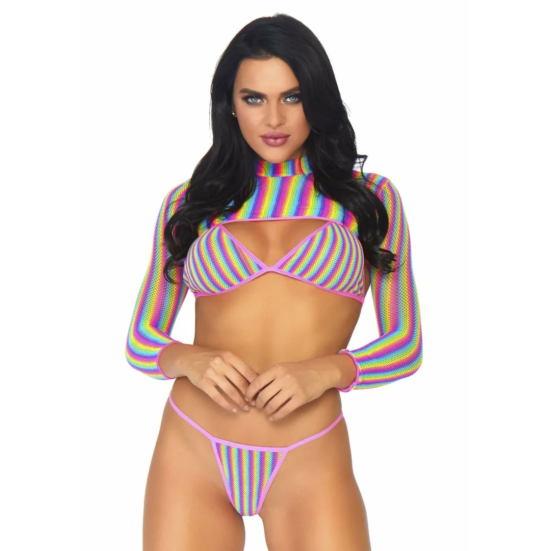 Leg Avenue Rainbow Bikini Top & String & Crop Top 3-częściowy zestaw