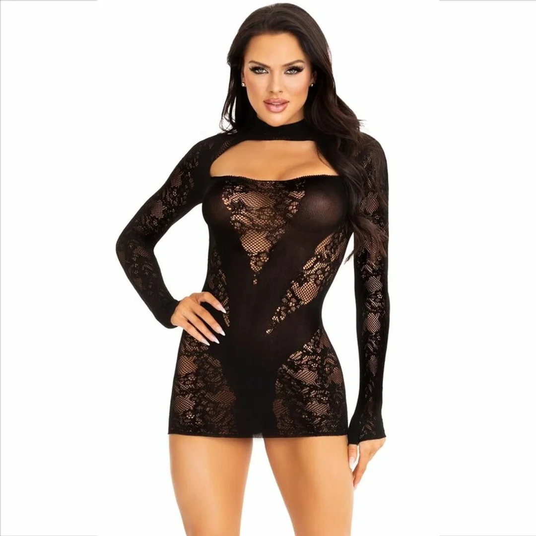 Leg Avenue Sukienka Mini Koronkowa Czarna z Długim Rękawem One Size