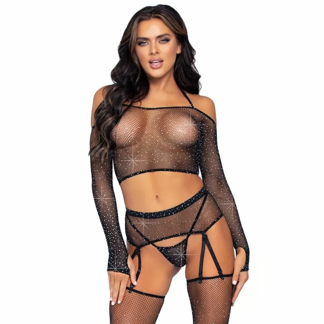 Leg Avenue zestaw 4-częściowy kabaretka z kryształkami czarny One Size