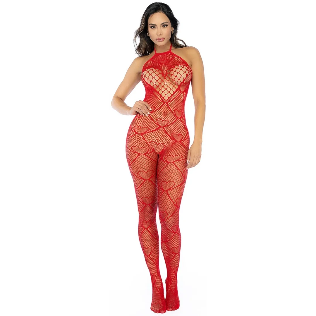 Mapale Heart Fishnet Bodystocking z Kryształkami Czerwony One Size