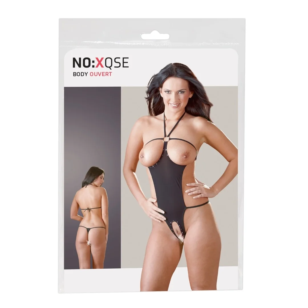 NO:XQSE Body damskie z ozdobnymi dżetami, czarne, S-L, bez krocza