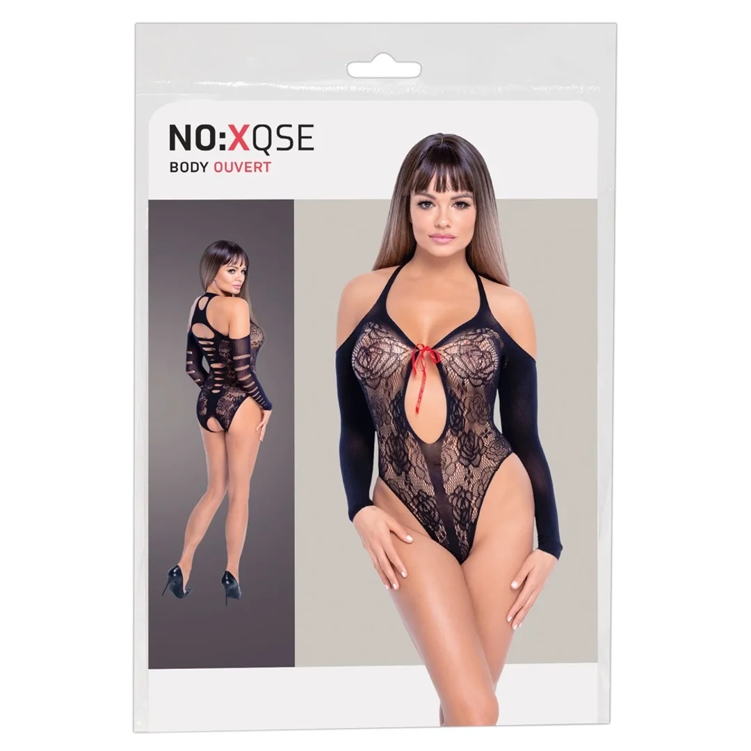 NO:XQSE Body Koronkowe Czarny z Czerwoną Kokardką S-L Elastyczne